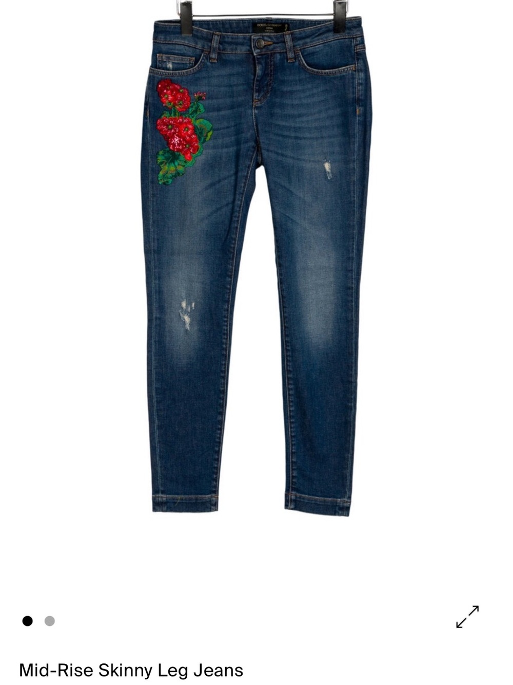 Dolce & Gabbana Dark Blue Skinny Jeans with Red Floral Embroidery